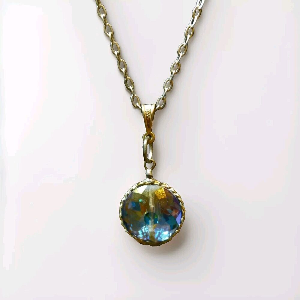 24" Women's Necklace Silver Tone Chain W/ Wire Wrapped Faceted Glass Pendant